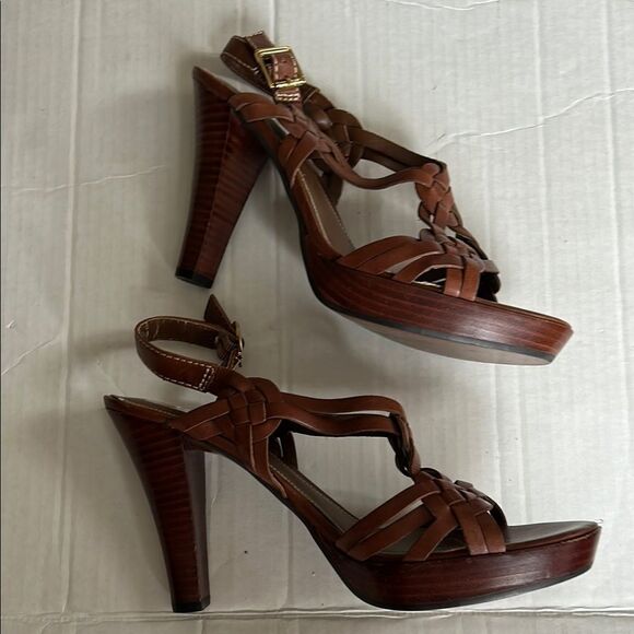 LAUREN RALPH LAUREN 9 Brown Woven Heeled Sandals Braided Slingback Open Toe - Picture 7 of 15